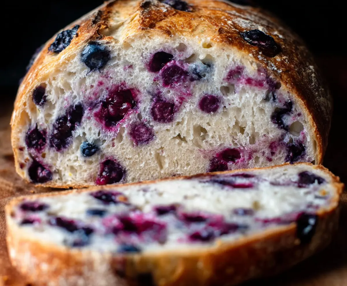 Homemade Lemon Blueberry Sourdough Bread on a wooden cutting board with fresh blueberries and lemon slices.