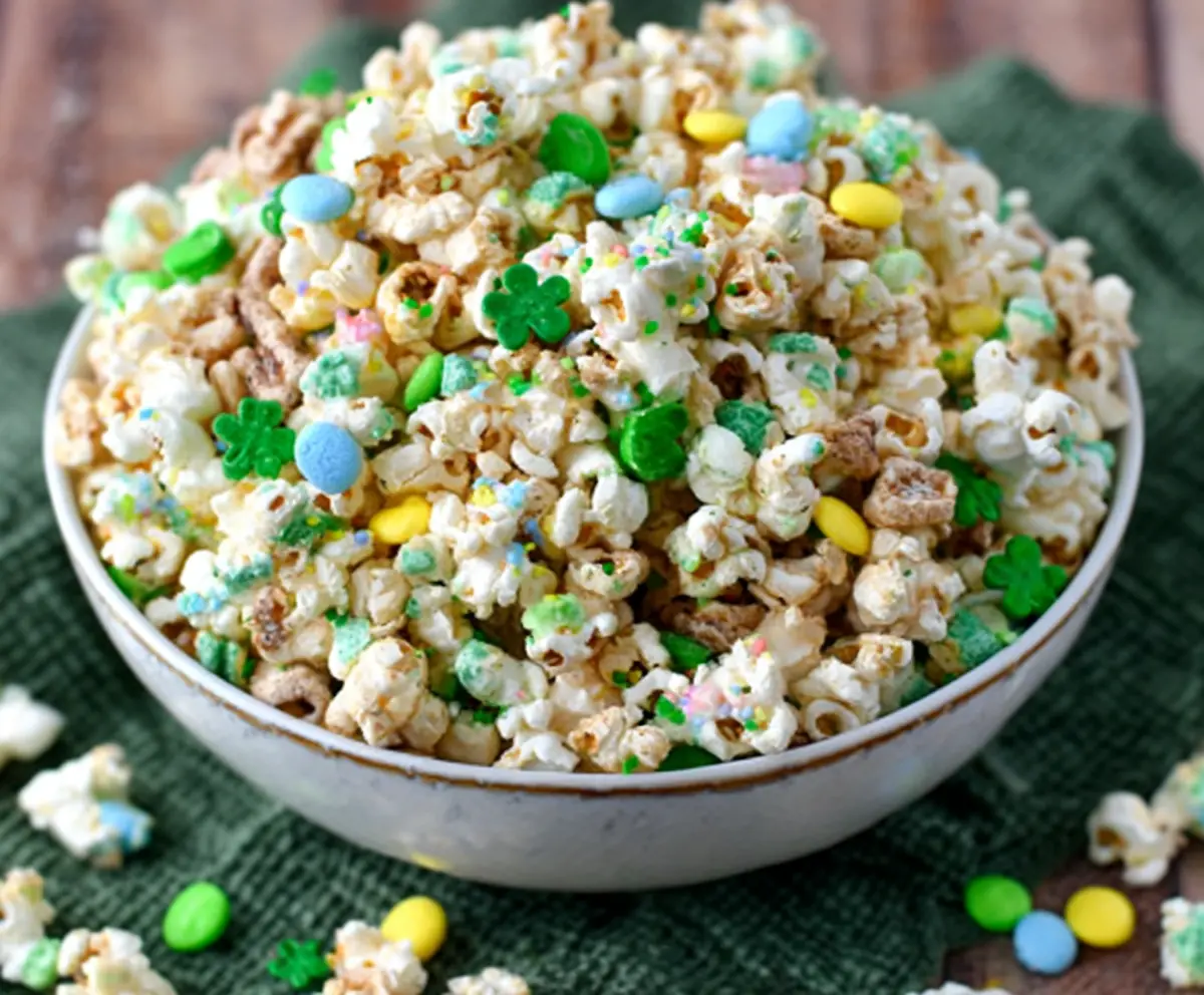 Colorful Loaded Leprechaun Popcorn with rainbow candies and festive toppings.