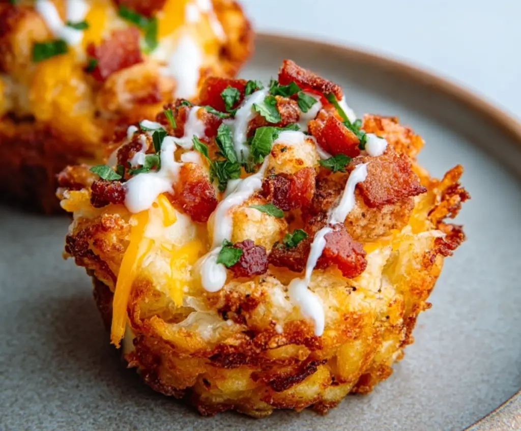 Crispy Loaded Tater Tot Cup topped with cheese, bacon, and green onions.