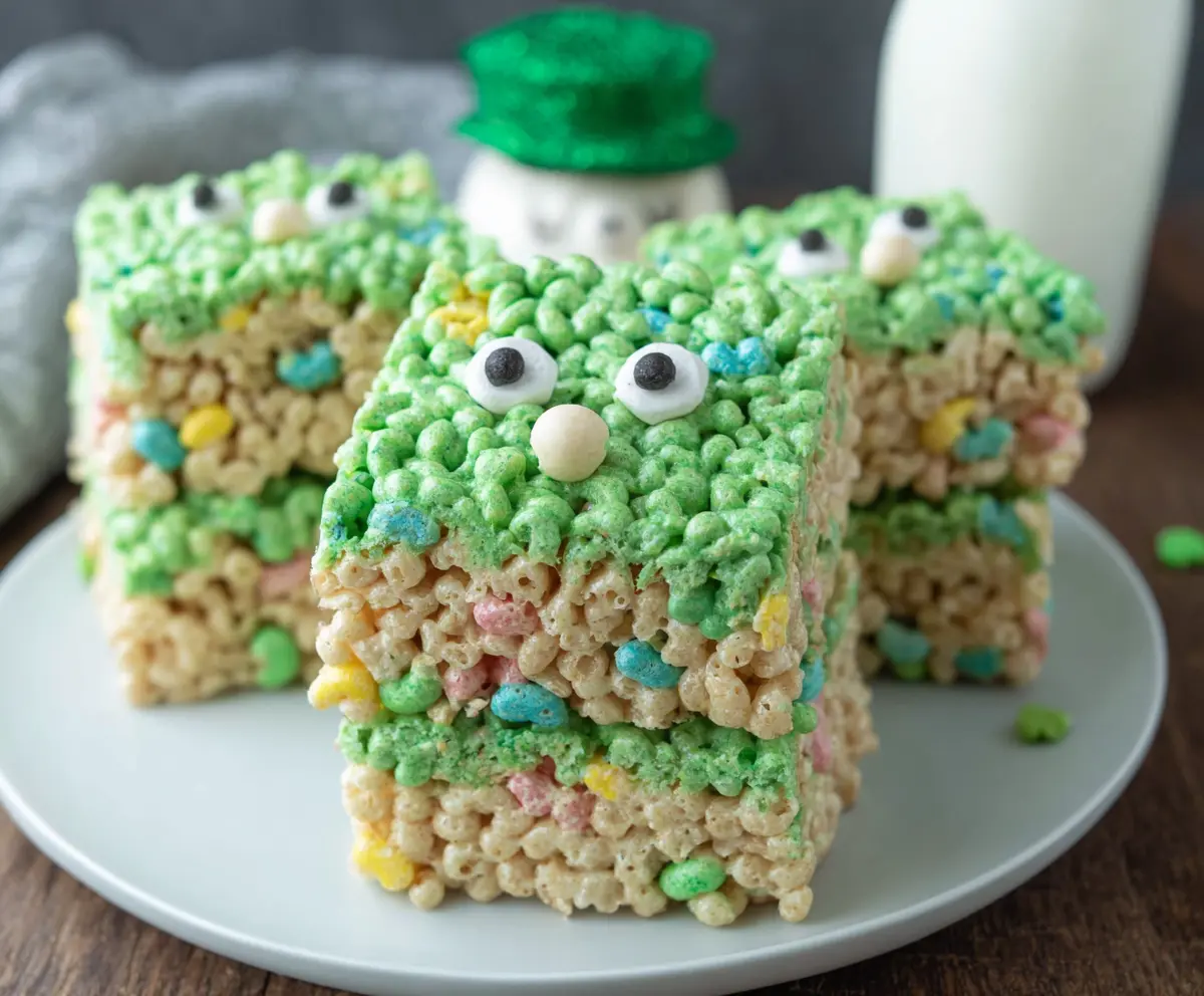 Festive Lucky Leprechaun Rice Krispie Treats decorated with green sprinkles for St. Patrick's Day celebration.
