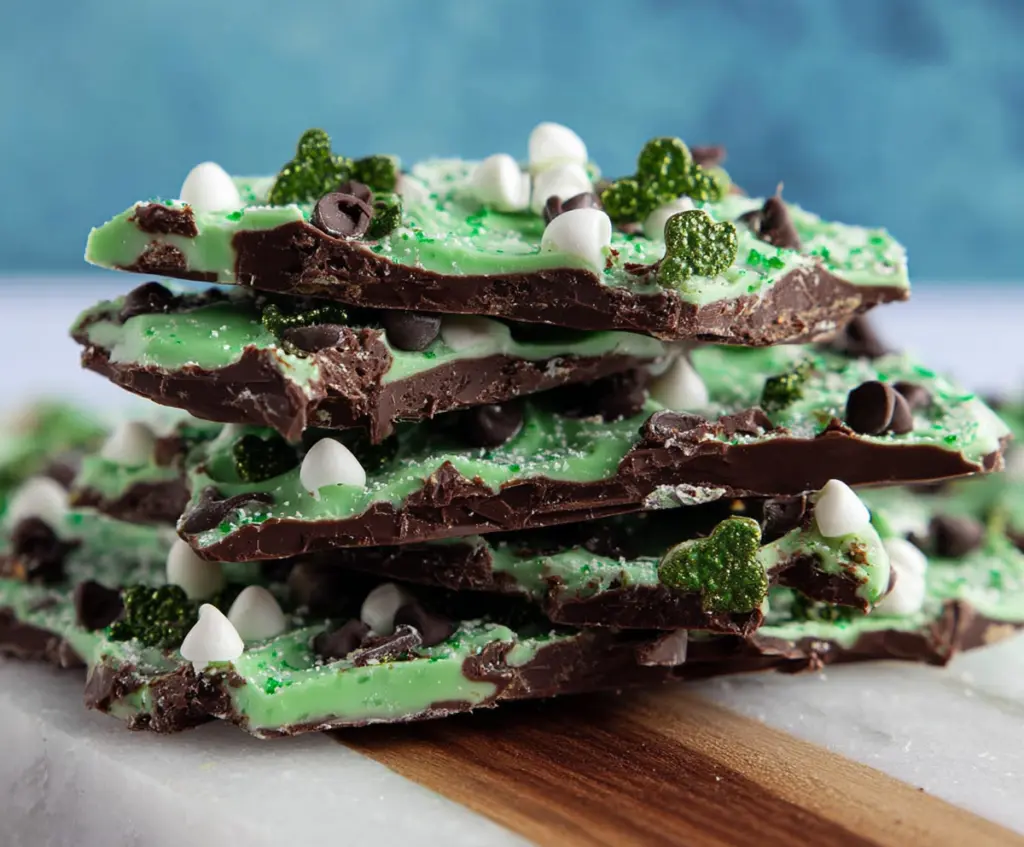 Delicious Mint Chocolate Shamrock Bark with festive green and white colors for St. Patrick's Day