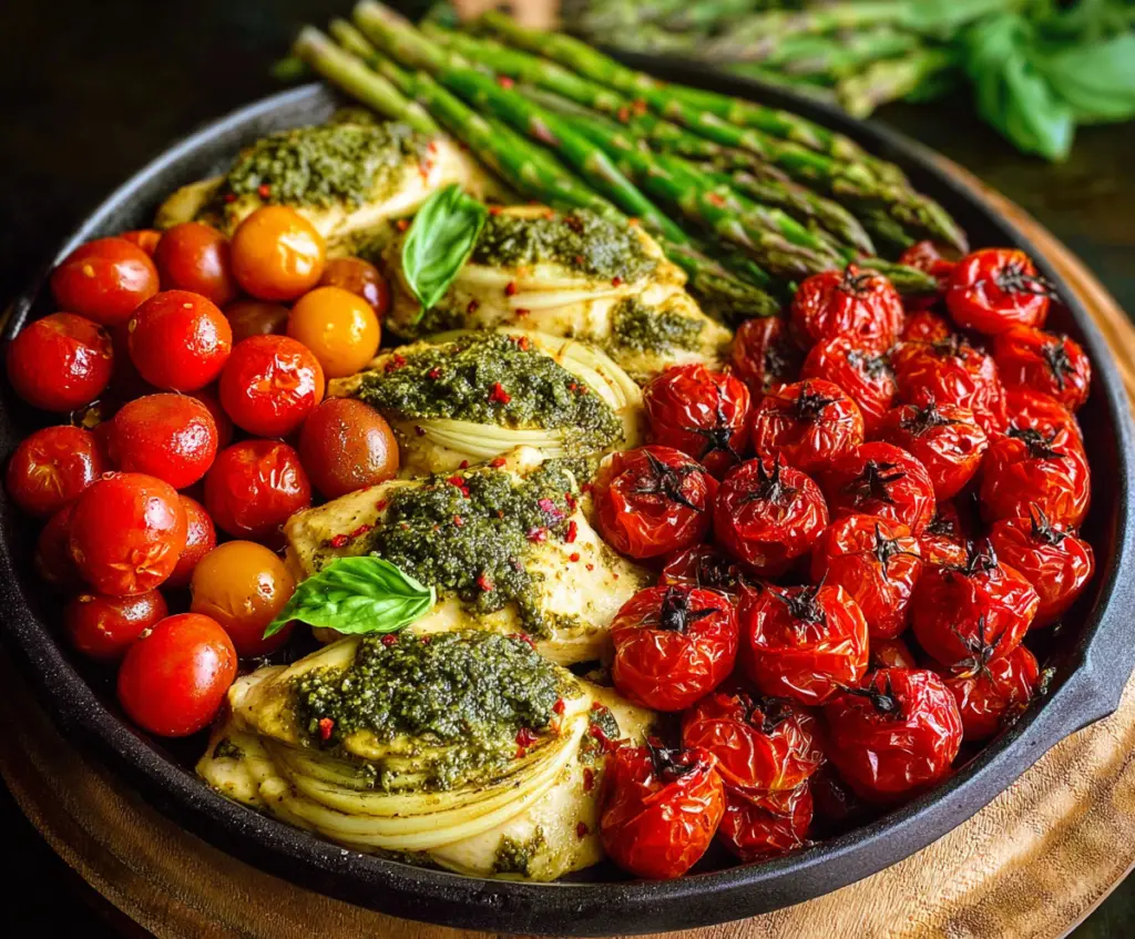 Delicious one-pan pesto chicken with fresh basil and melted cheese, served on a rustic plate.