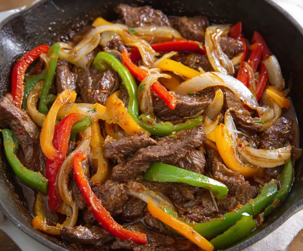 Delicious pepper steak with colorful bell peppers and onions served on a plate.