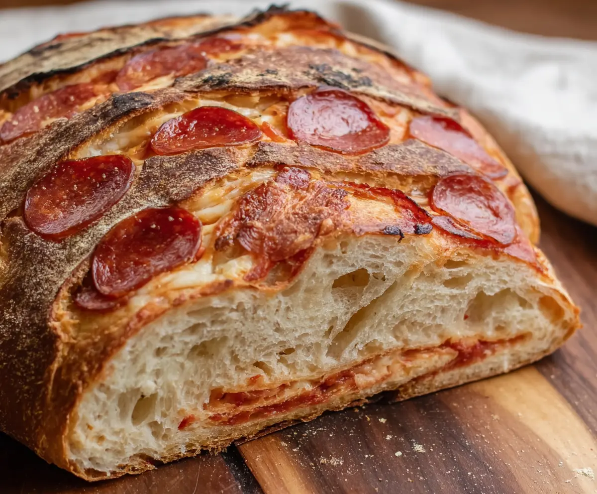 Delicious homemade pepperoni pizza bread made with sourdough crust and melted cheese.