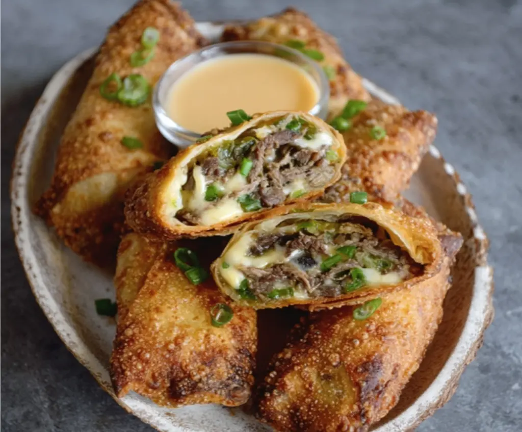 Delicious Philly Cheesesteak Egg Rolls with melted cheese and tender steak filling