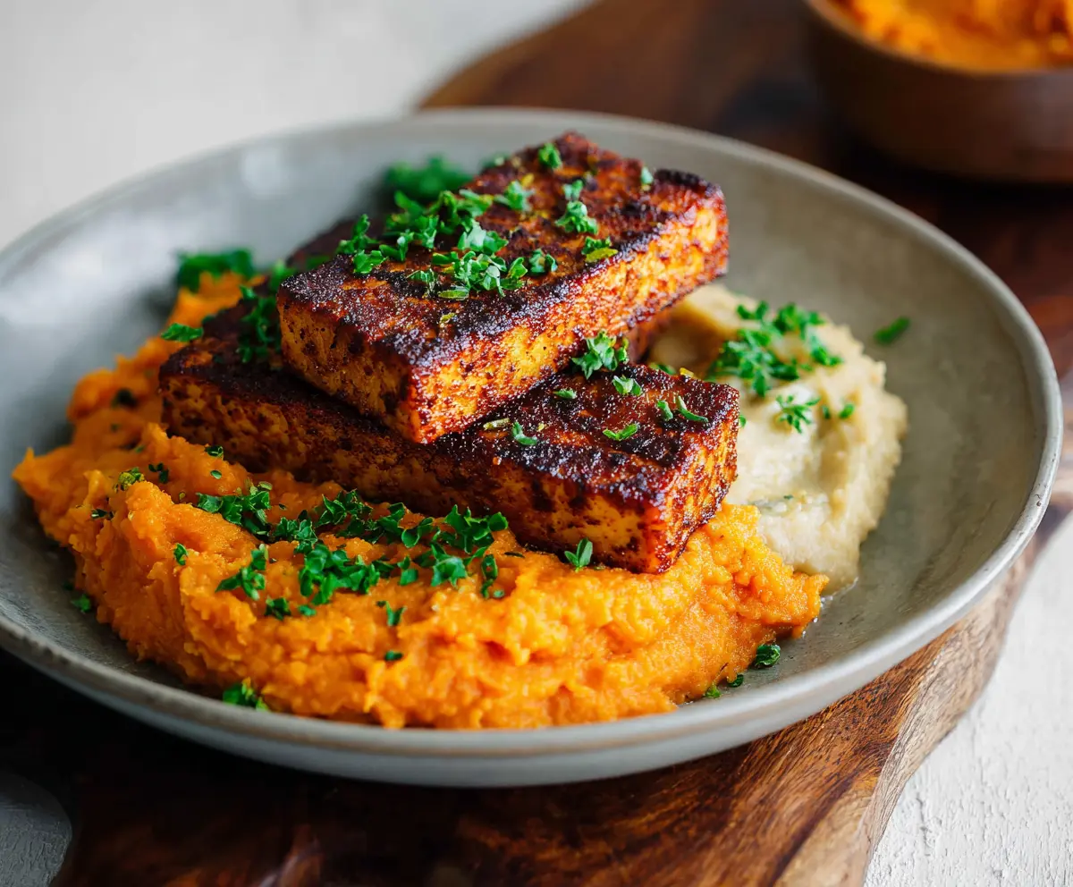 Delicious smoky tofu steak served with creamy mashed sweet potatoes on a rustic plate.