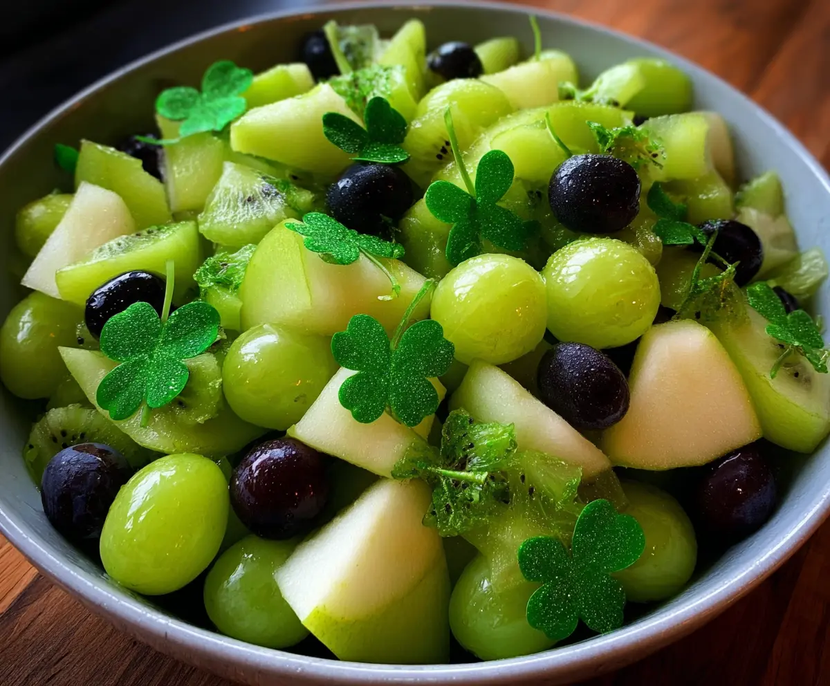 Colorful St. Patrick’s Day green fruit salad with fresh fruits in a glass bowl for festive celebration