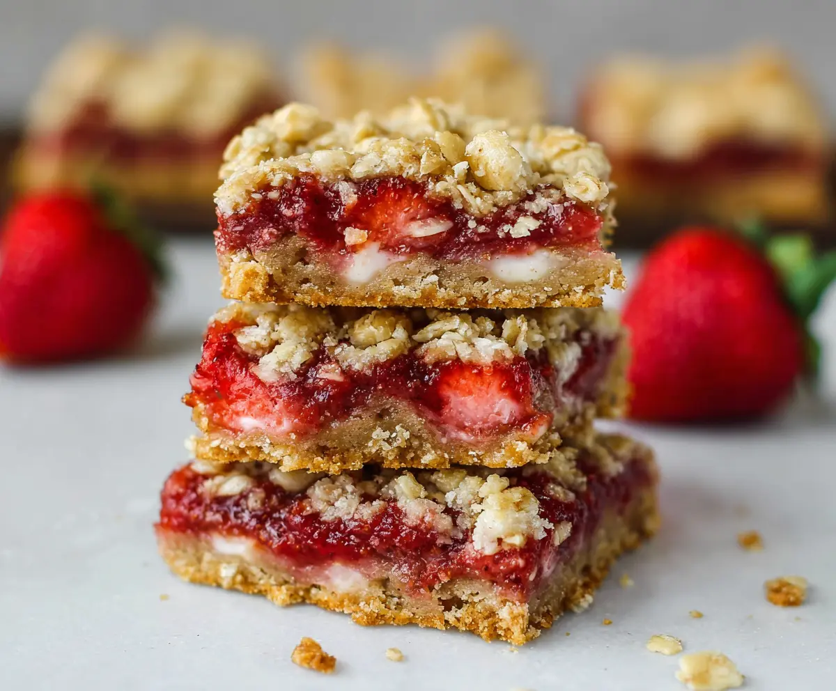 Delicious Strawberry Oatmeal Crumble Bars on a plate, showing a golden crust topped with fresh strawberries and crumb topping.