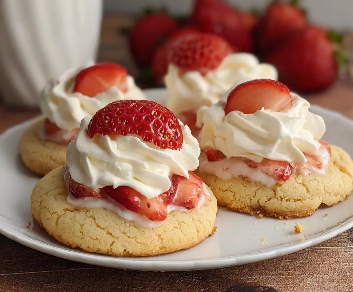 Delicious strawberry shortcake cookies with fresh strawberries and whipped cream on top.