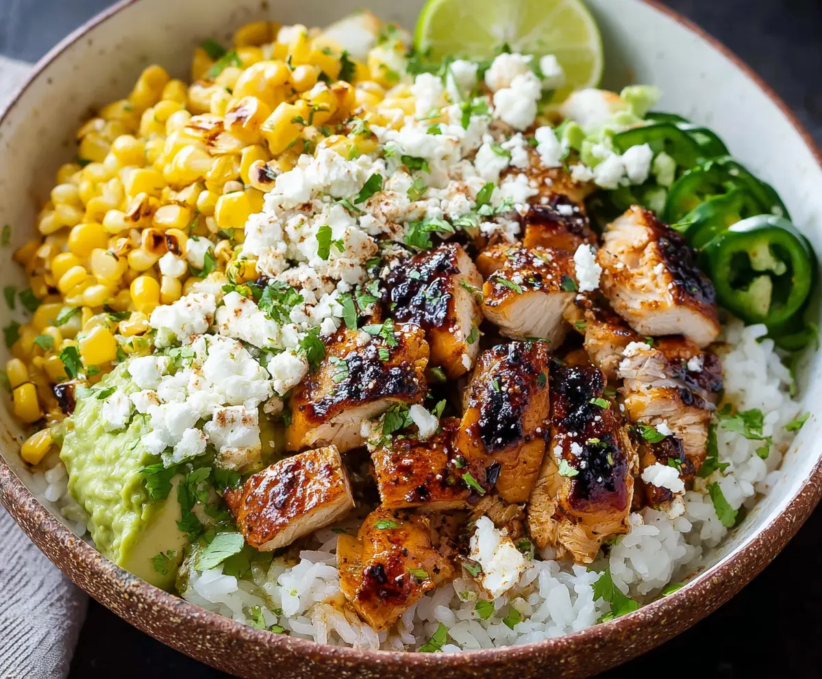 Delicious street corn chicken rice bowl with grilled chicken, spicy corn, and fresh herbs.