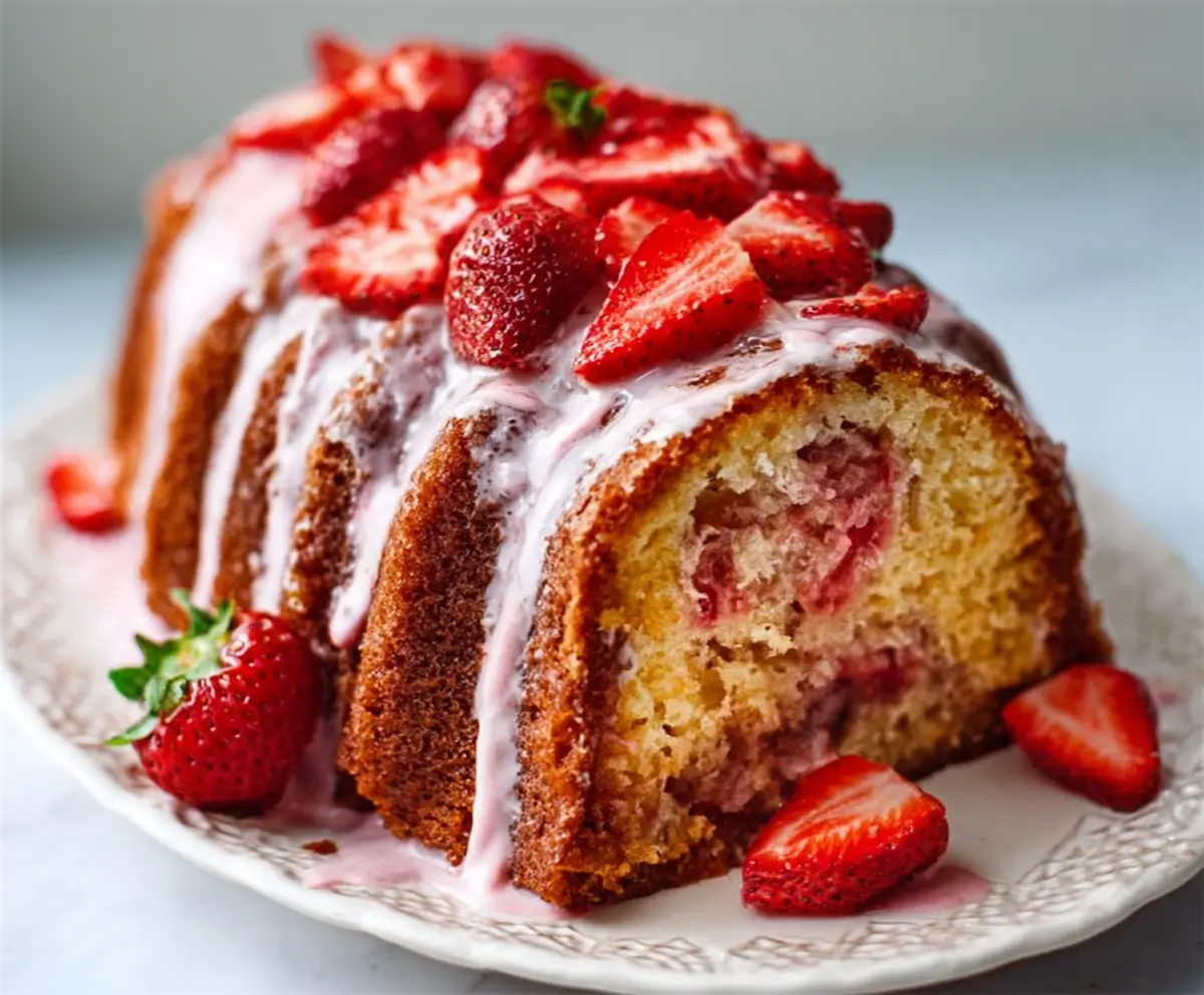 Delicious sweet strawberry pound cake with fresh strawberries and moist crumb.