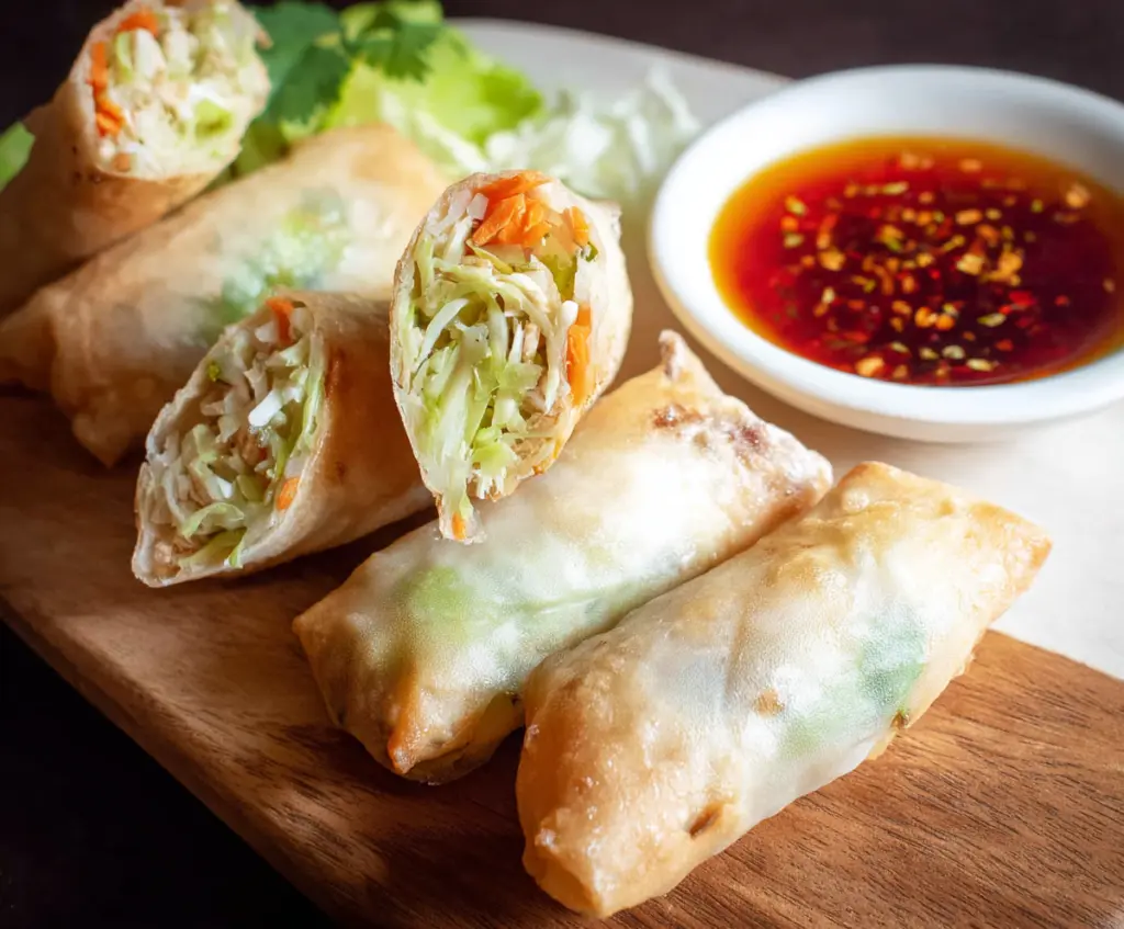Fresh Thai spring rolls filled with vegetables and herbs, served with dipping sauce.