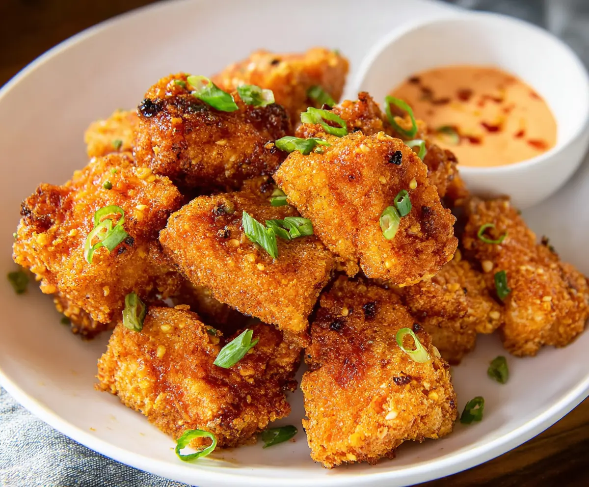 Delicious tofu fried chicken served with crispy batter and fresh herbs