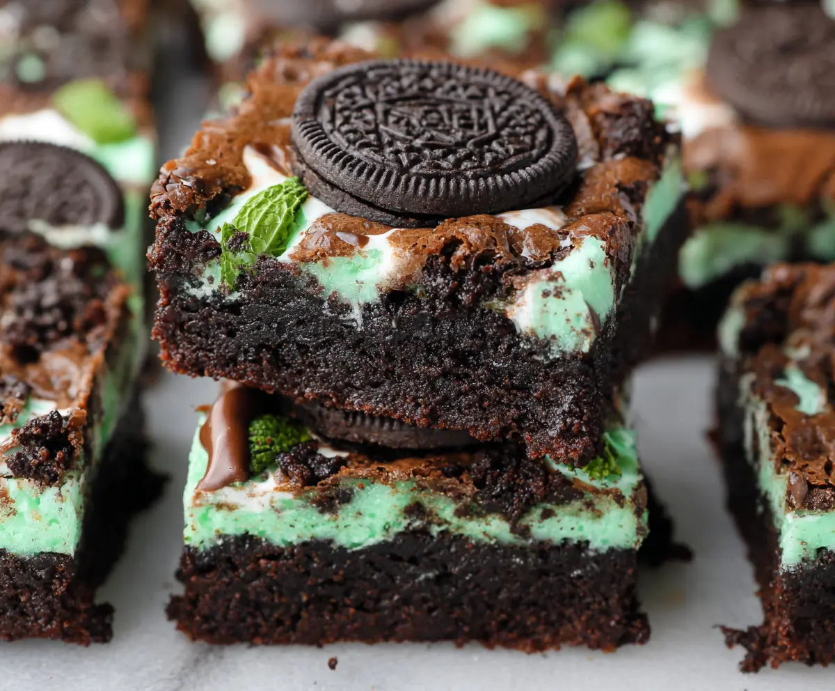Delicious triple layer fudgy mint Oreo brownies with rich chocolate and cool mint flavors