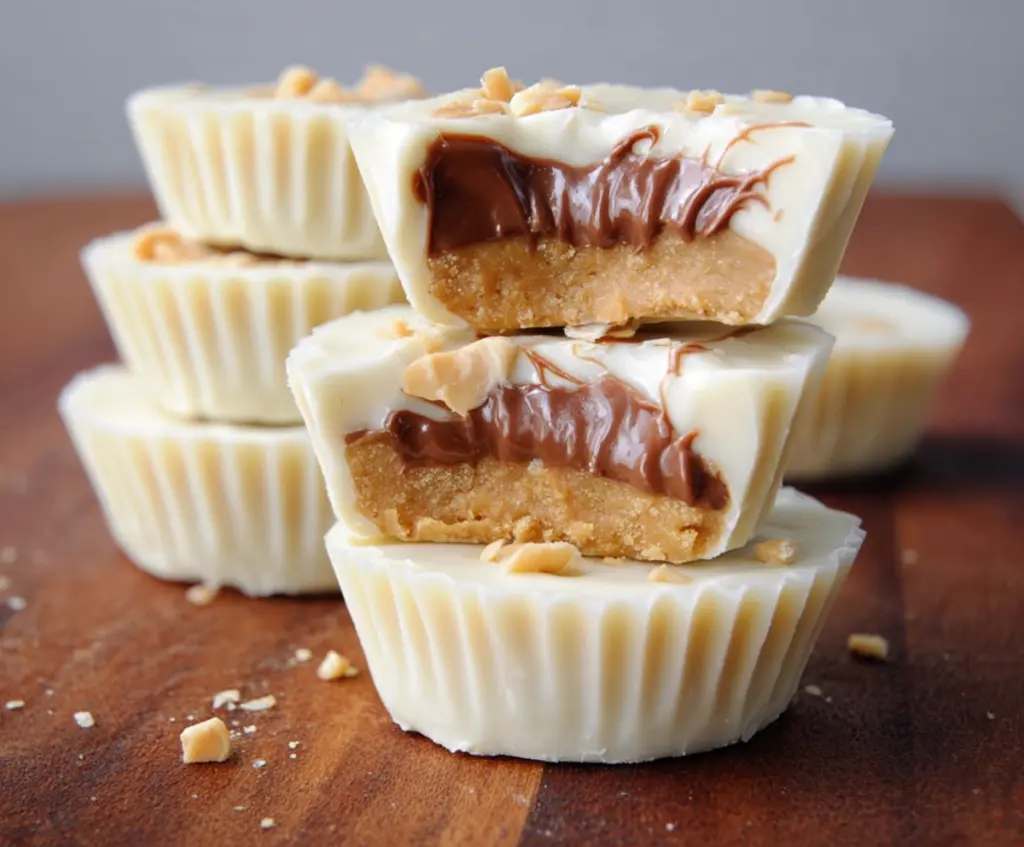 Creamy white chocolate peanut butter cups with a smooth, rich filling perfect for dessert lovers.