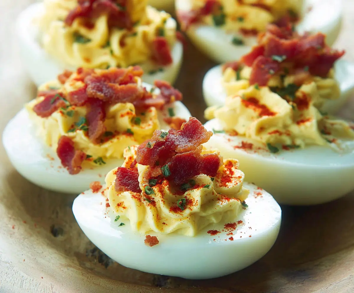 Delicious Bacon Ranch Deviled Eggs garnished with chopped bacon and fresh herbs on a white platter.