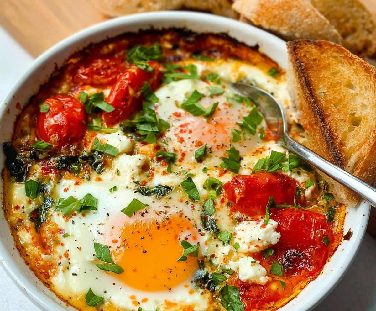Delicious baked feta eggs garnished with herbs on a rustic plate for a flavorful breakfast.
