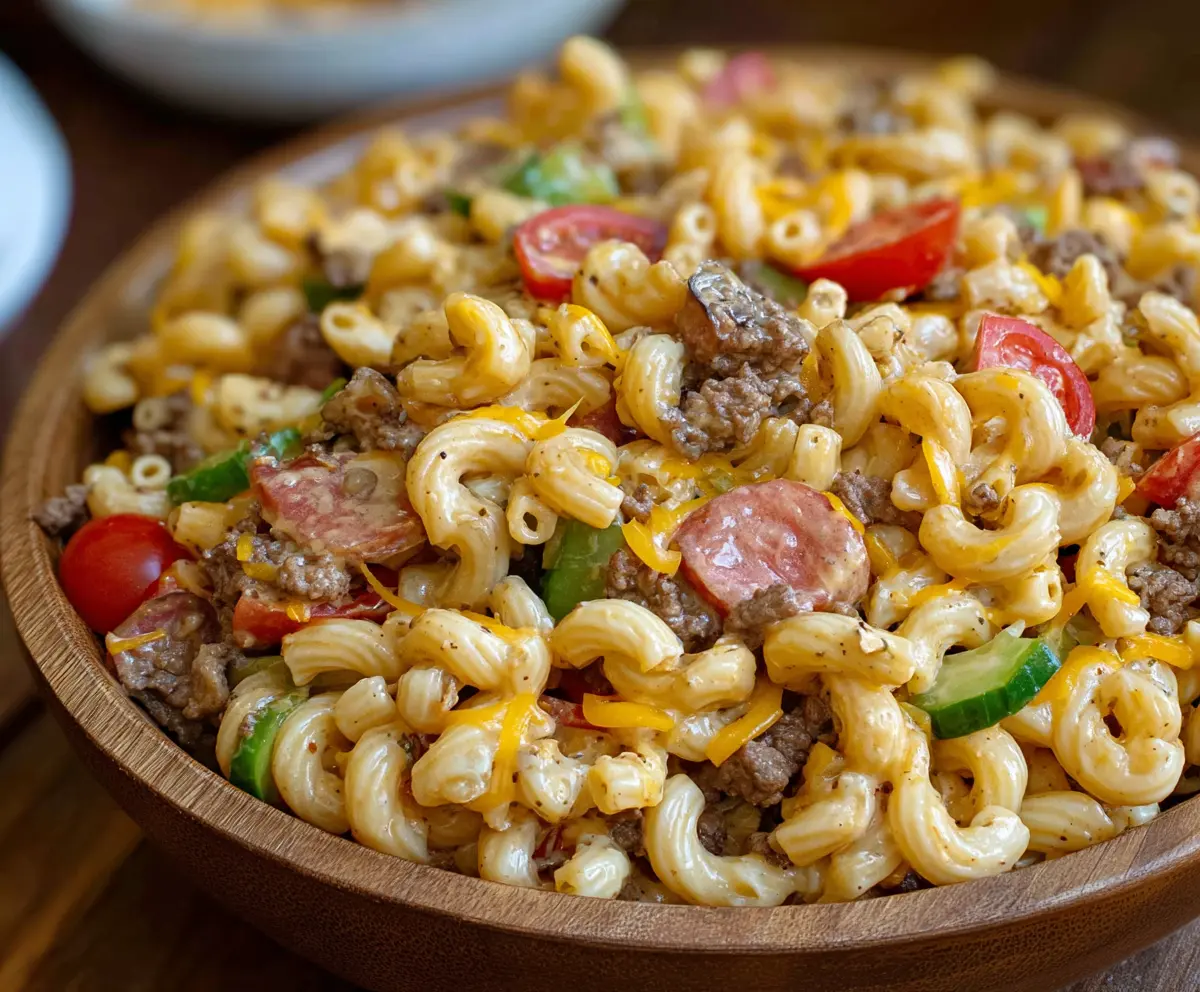 Big Mac Pasta Salad with ground beef, lettuce, cheese, and special sauce in a large bowl.