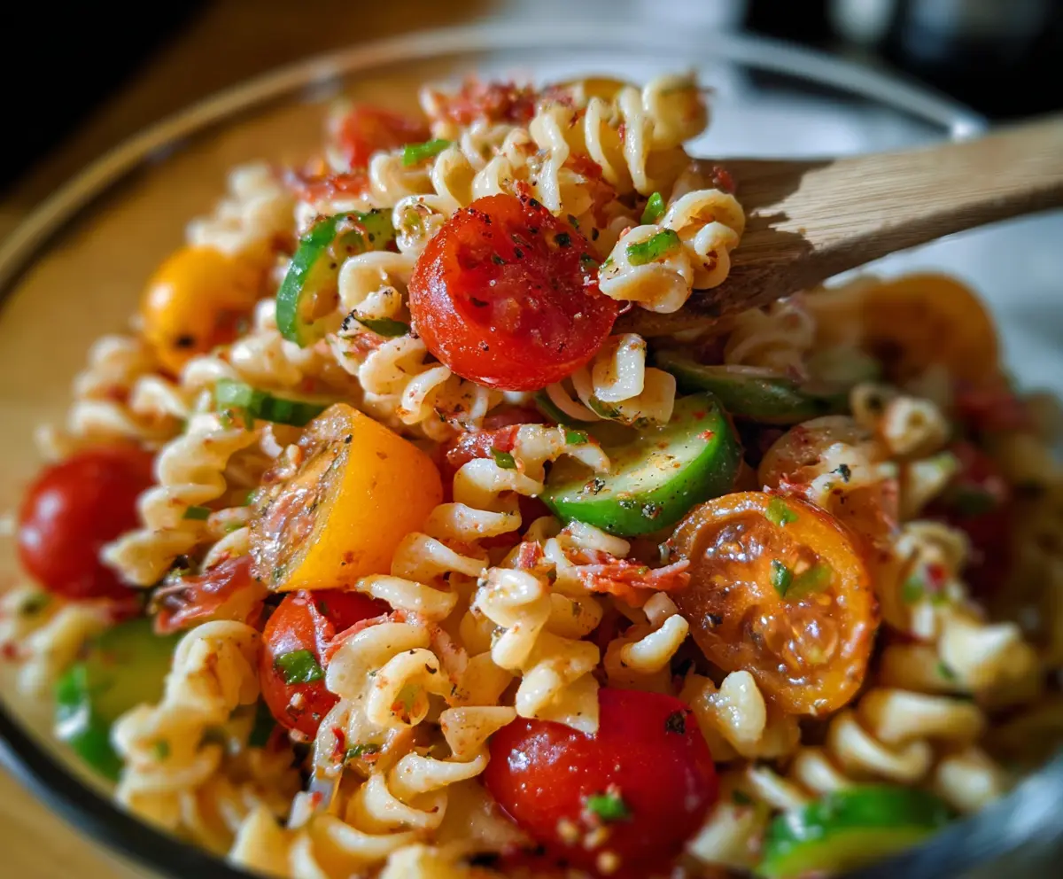 Colorful Bloody Mary Pasta Salad with cherry tomatoes, olives, and fresh herbs in a bowl