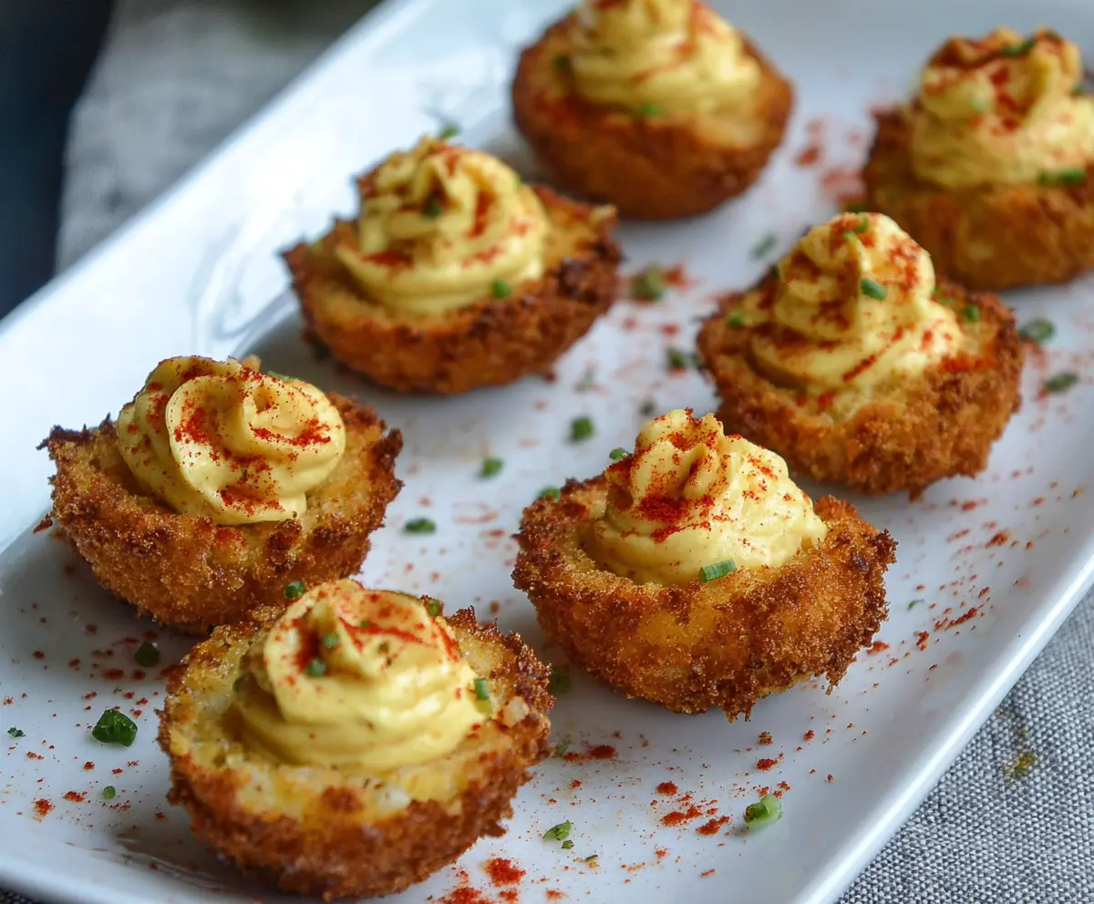 Delicious Cajun style fried deviled eggs garnished with spices and herbs on a rustic plate.