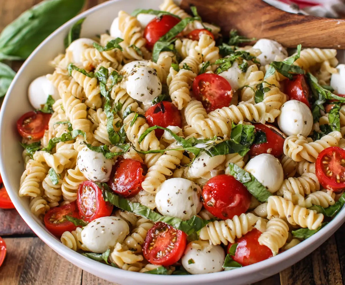 Colorful Caprese Pasta Salad with fresh mozzarella, cherry tomatoes, basil, and balsamic glaze.