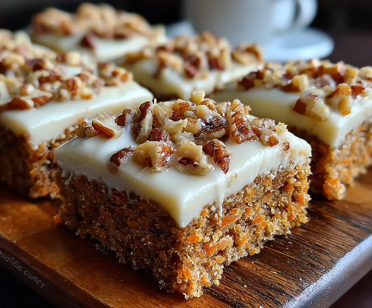 Delicious homemade carrot cake bars with creamy frosting and grated carrots on top