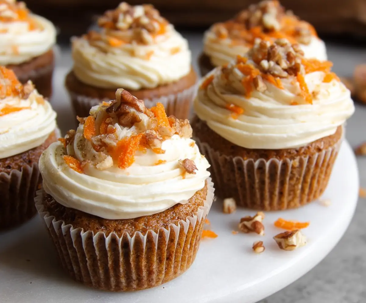 Delicious carrot cake cupcakes with cream cheese frosting on a baking tray