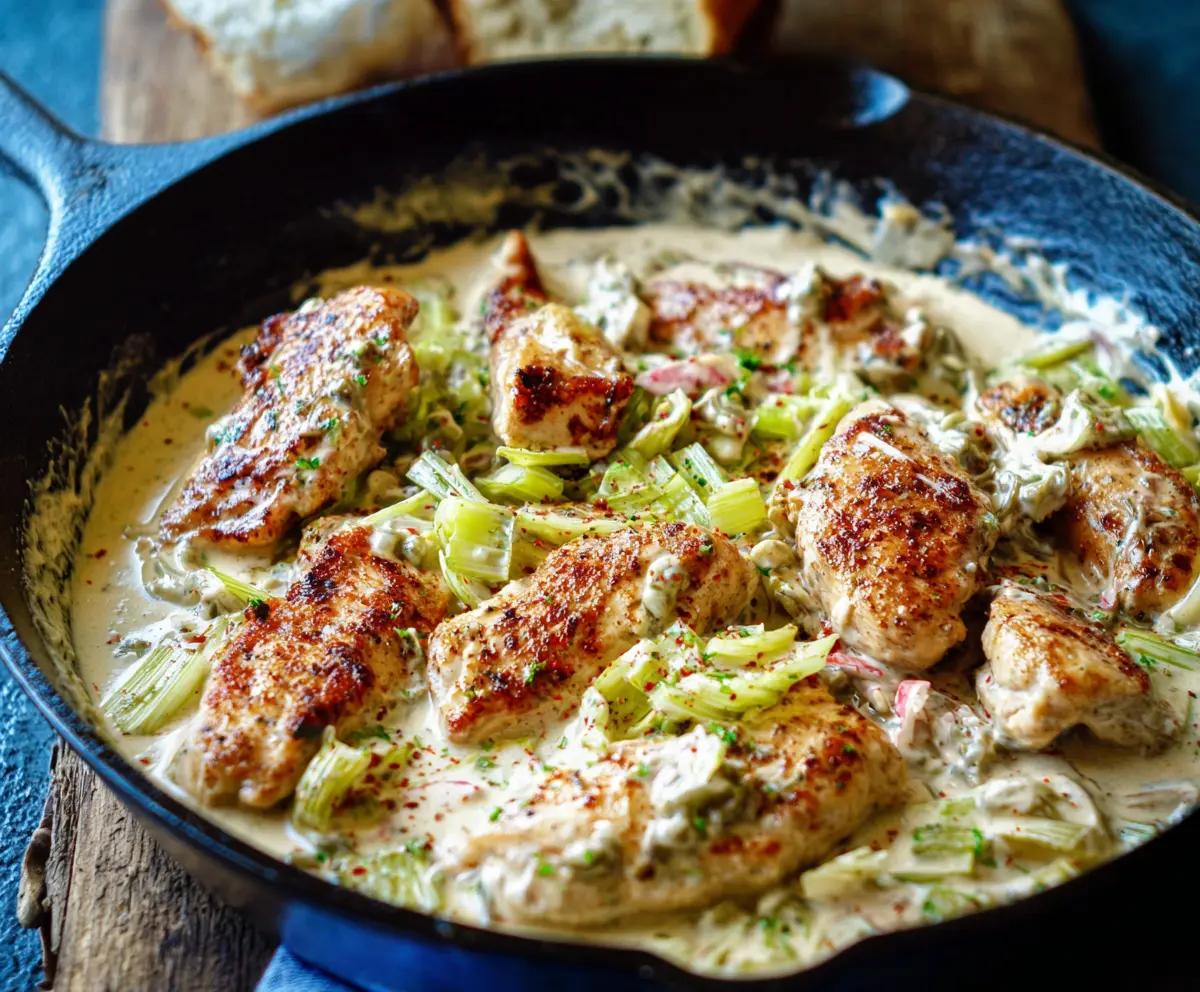 Delicious creamy pepperoncini chicken skillet served with fresh herbs and a side of vegetables.