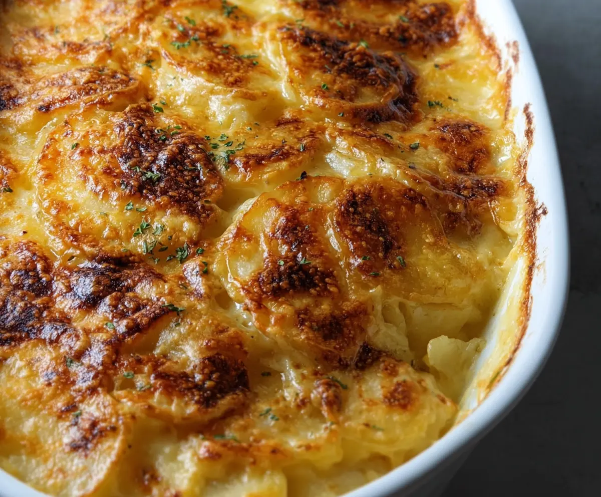 Creamy and cheesy au gratin potatoes dish with golden-brown crust served on a white plate.