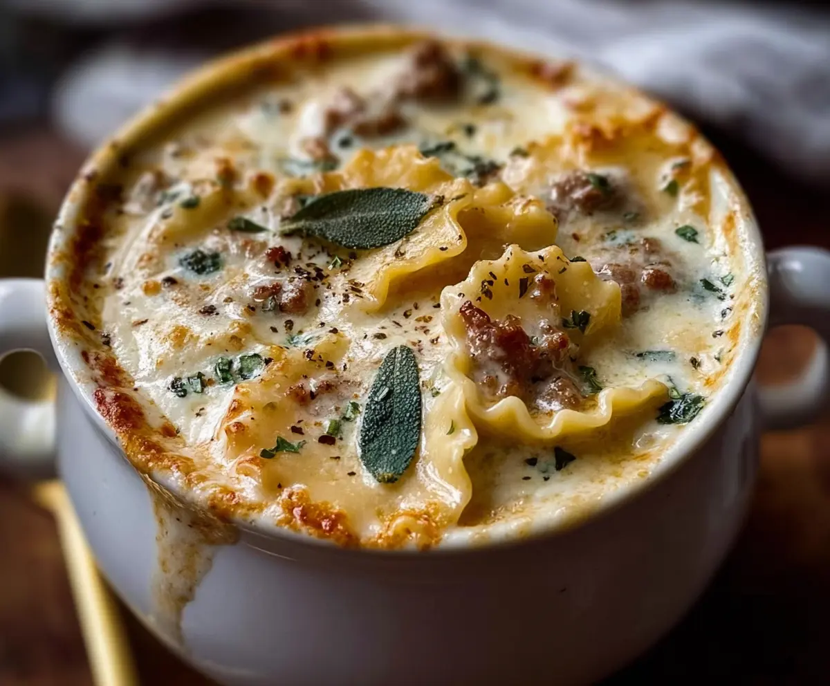 Creamy Alfredo Lasagna Soup in a bowl with melted cheese and fresh herbs.