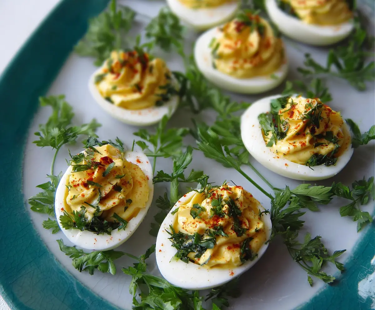 Creamy deviled eggs topped with Dijon mustard and fresh herbs, perfect for appetizer menus.