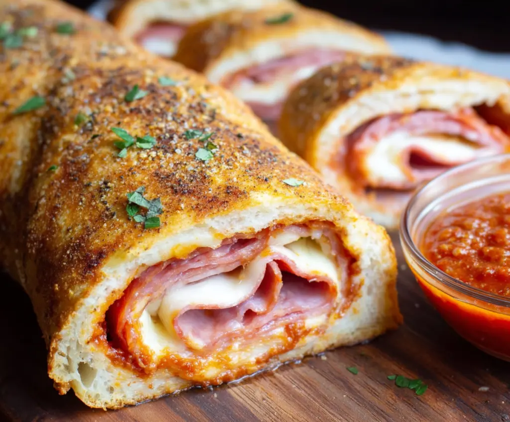 Delicious homemade Easy Stromboli filled with cheese and pepperoni, perfect for snacks or dinners.