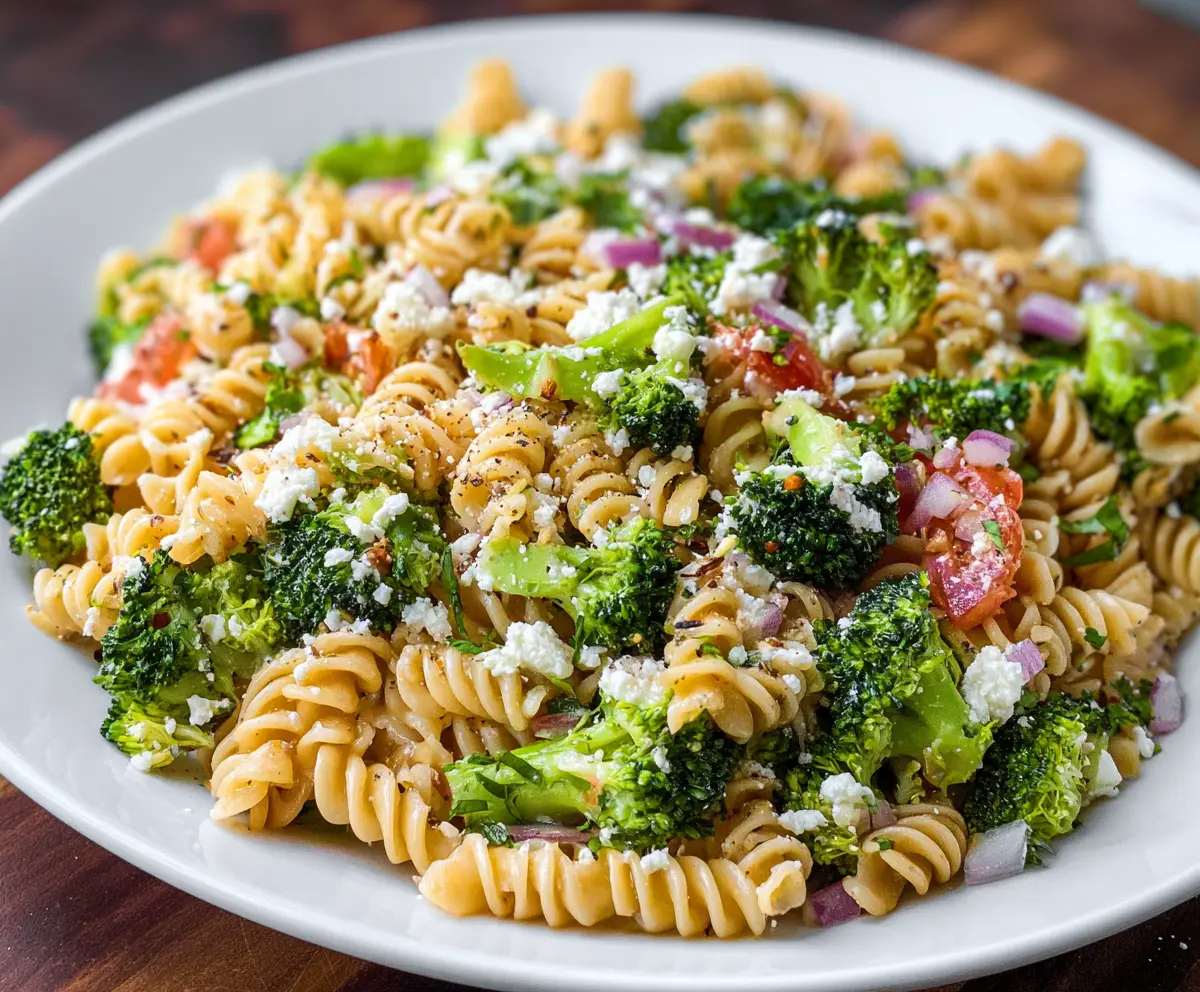Colorful Fresh Broccoli Pasta Salad with cherry tomatoes and a light vinaigrette, perfect for a healthy meal or side dish.