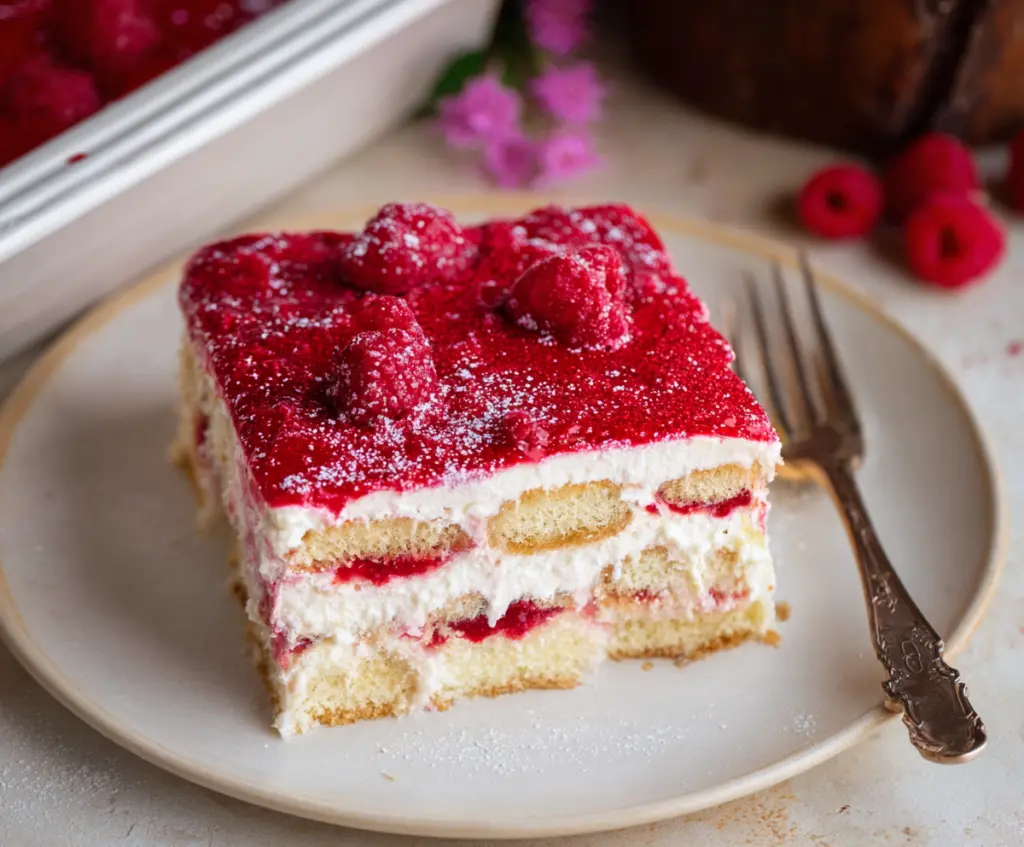 Delicious fresh raspberry tiramisu served in a glass dessert bowl with layers of creamy mascarpone and fresh raspberries.