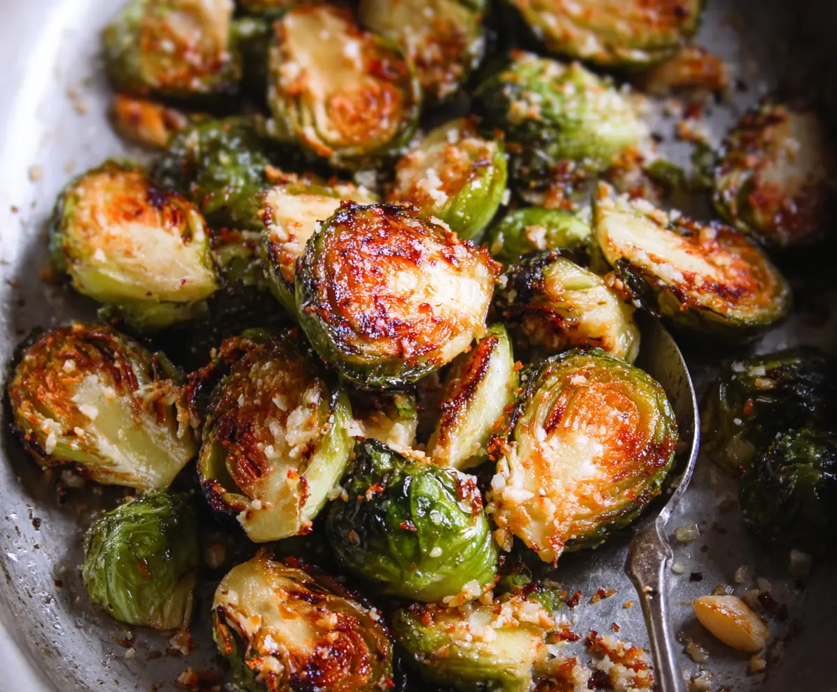 Golden roasted Brussels sprouts topped with garlic and Parmesan cheese, ready to serve.