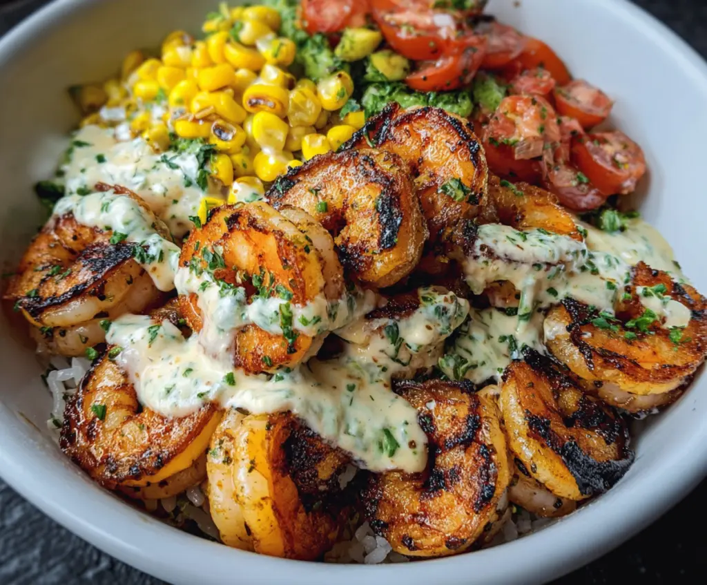 Grilled Shrimp Bowl Recipe with Creamy Garlic Sauce and Seafood Dishes