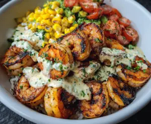 Grilled Shrimp Bowl Recipe with Creamy Garlic Sauce and Seafood Dishes