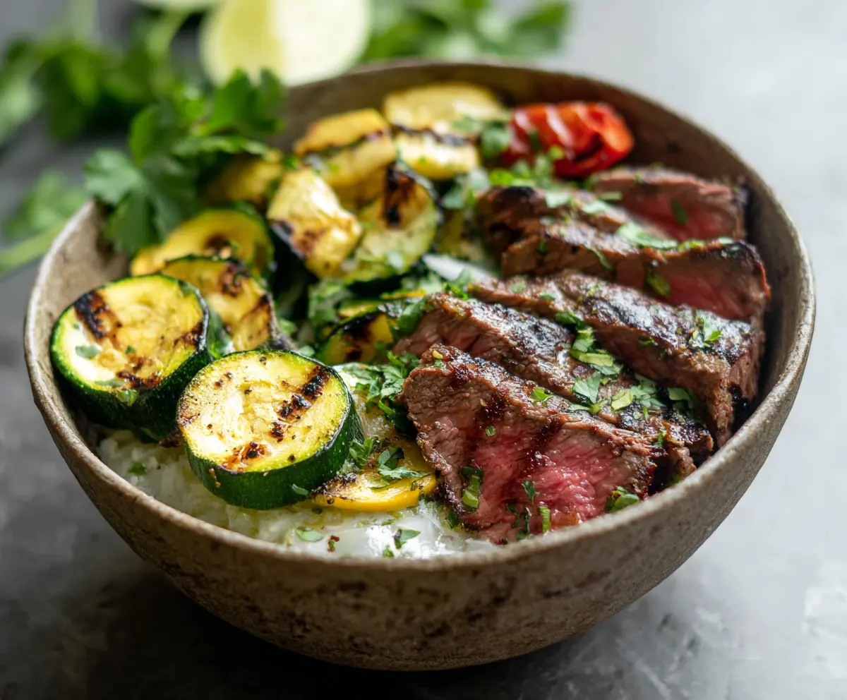 Delicious grilled steak bowl served with fresh zucchini slices on a white plate.