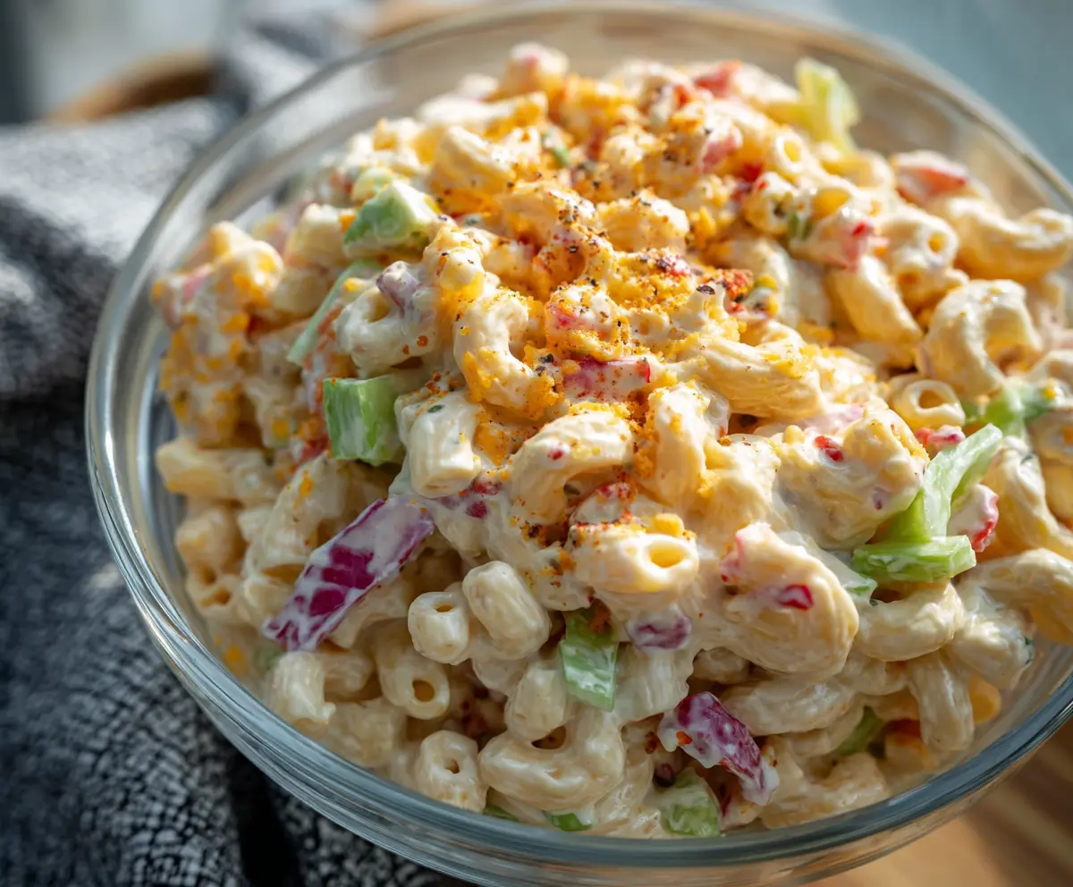 Creamy Guy Fieri's Famous Mac Salad with vegetables and herbs in a serving bowl.