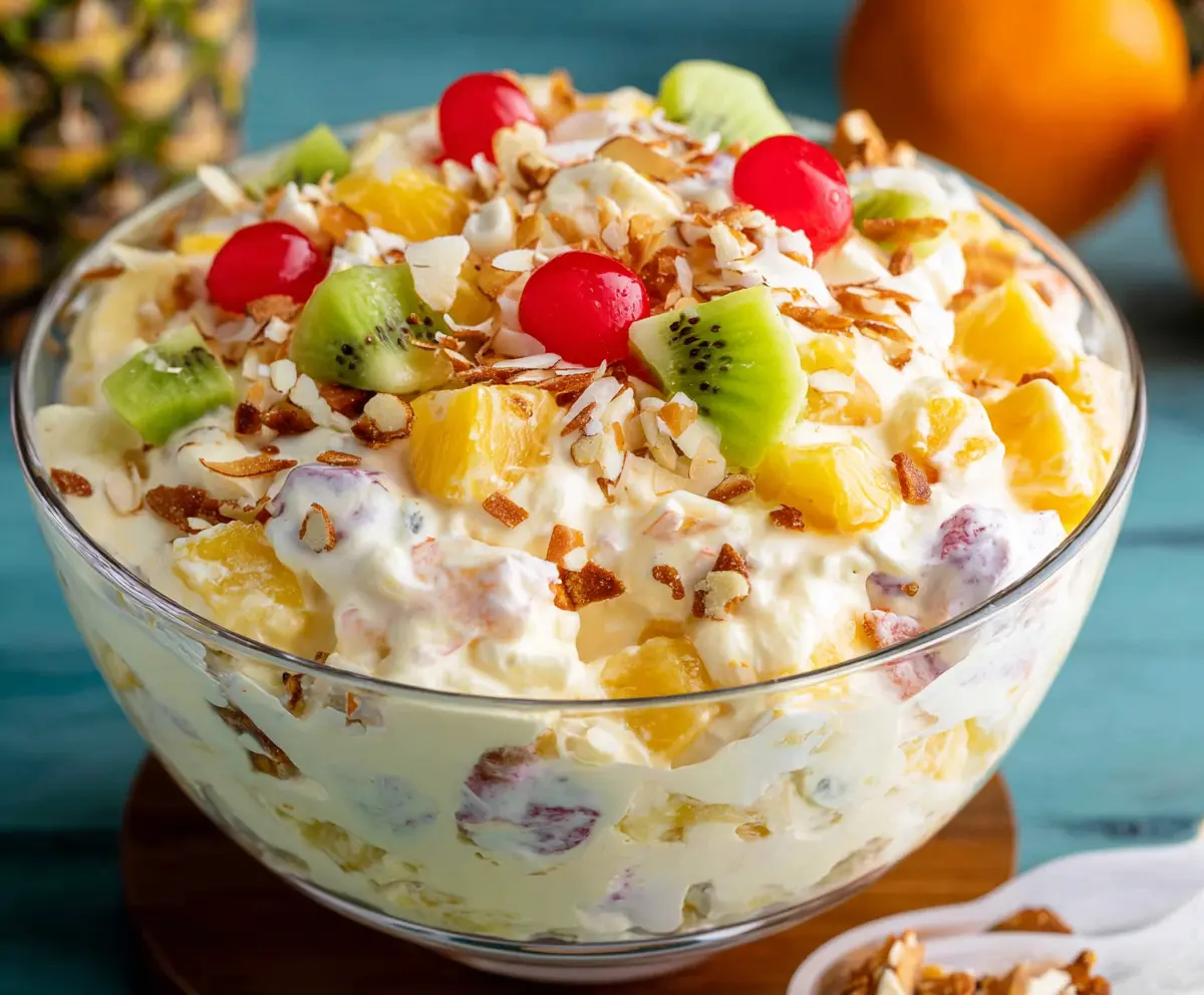 Delicious Hawaiian Cheesecake Salad with fresh fruit and creamy cheese topping