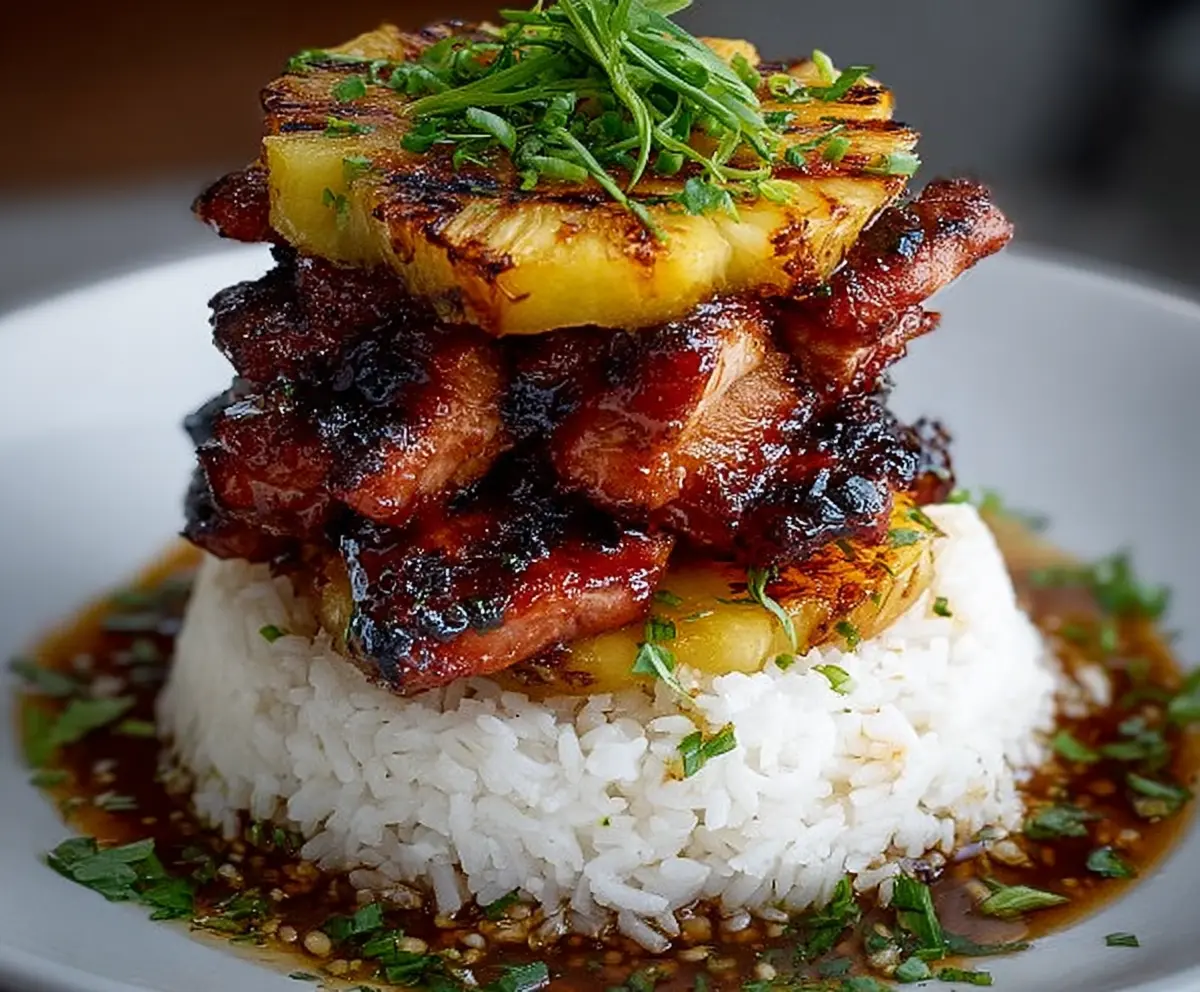 Easy Hawaiian Huli Huli Chicken Stack