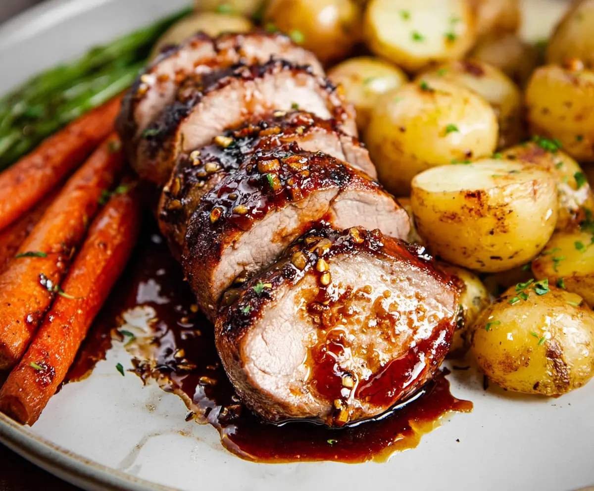 Delicious honey garlic pork tenderloin served with roasted carrots and potatoes on a rustic plate.