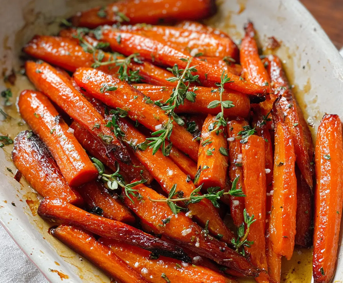 Delicious honey glazed roasted carrots served on a white plate, perfect for a healthy side dish.