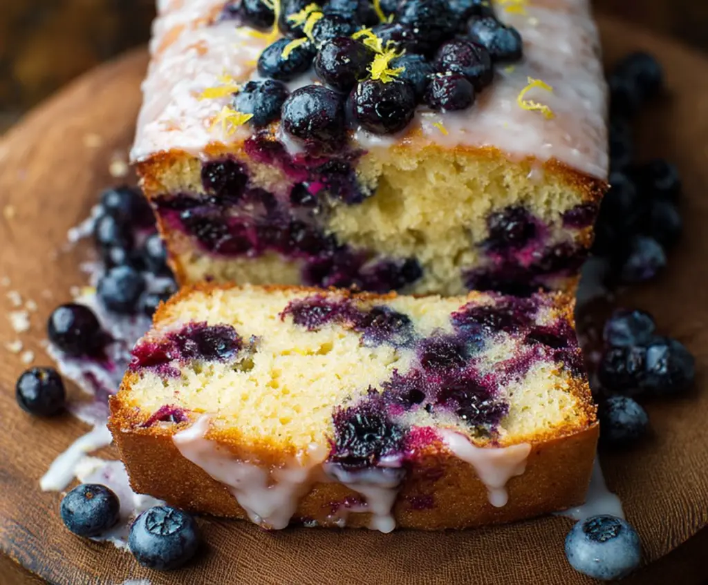 Delicious Lemon Blueberry Cake with fresh blueberries and lemon zest atop a beautifully decorated dessert.