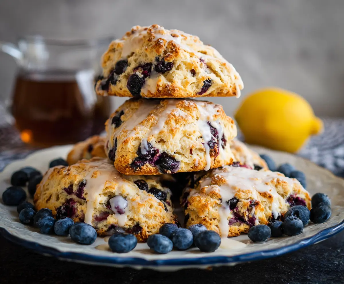 Delicious Lemon Blueberry Sourdough Discard Scones on a rustic plate, perfect for breakfast or brunch.