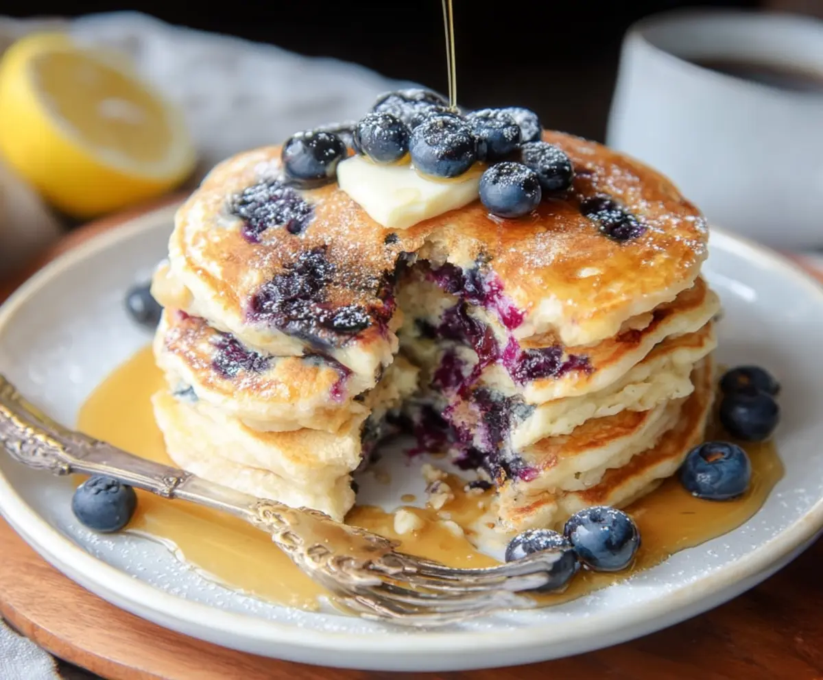 Delicious Lemon Blueberry Sourdough Pancakes topped with fresh blueberries and lemon slices on a rustic wooden table.