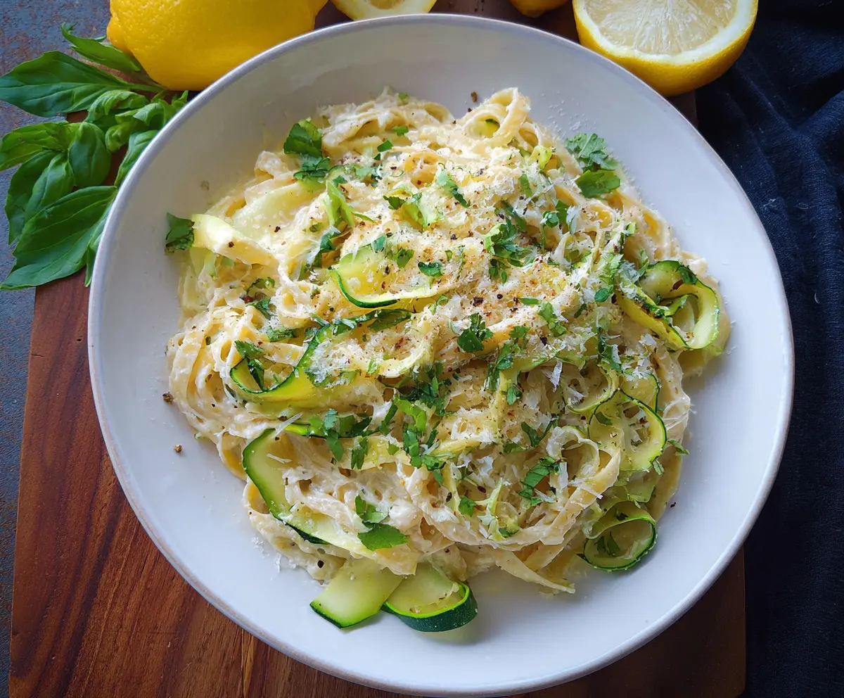 Delicious Lemon Ricotta Pasta topped with fresh zucchini ribbons and herbs.