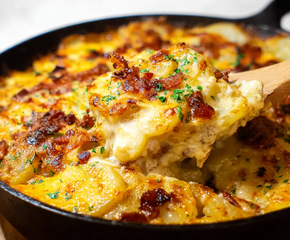 Creamy loaded scalloped potatoes topped with cheese and bacon, served hot on a rustic plate.