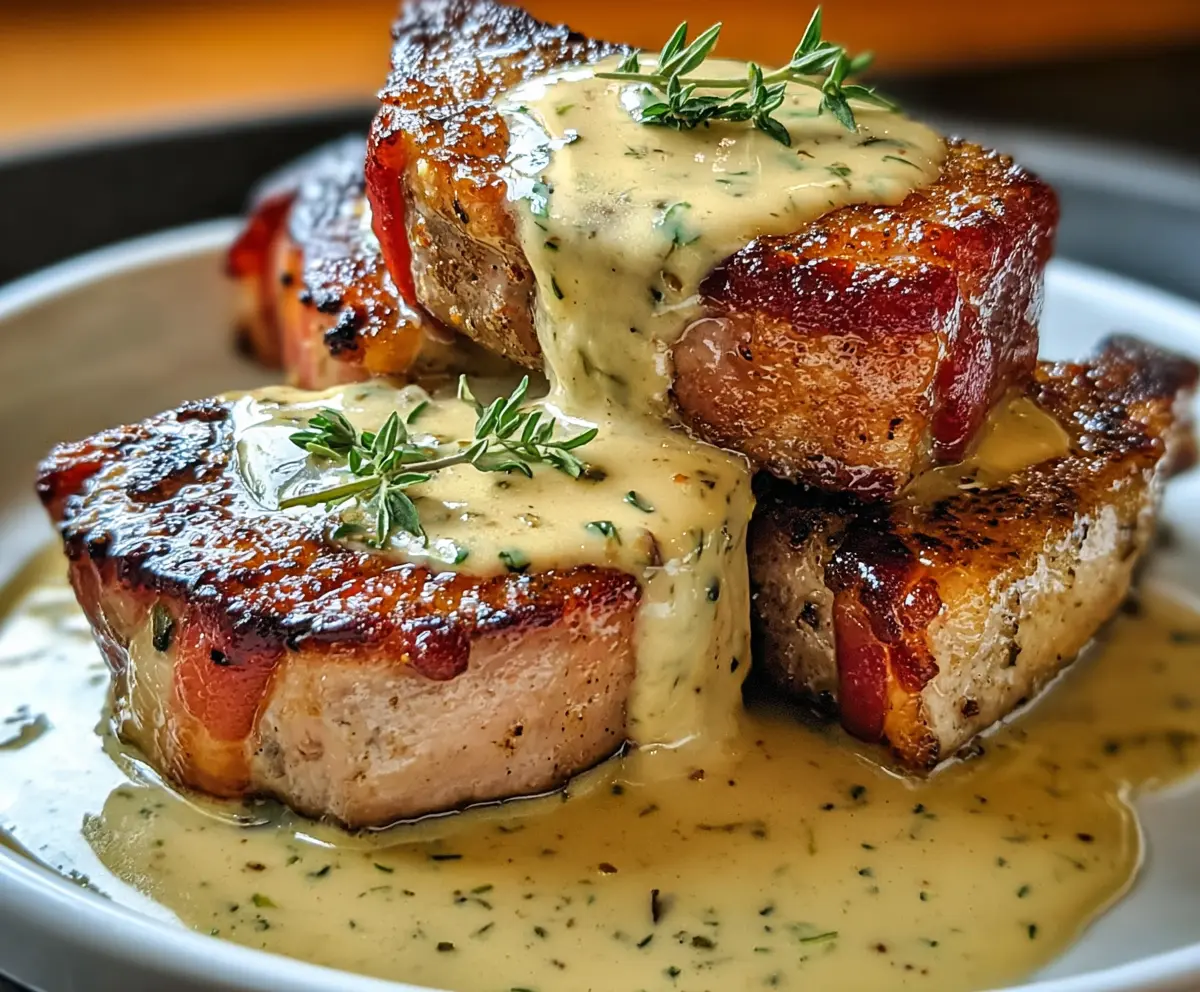 Maple Bacon Pork Chops with Creamy Dijon Sauce
