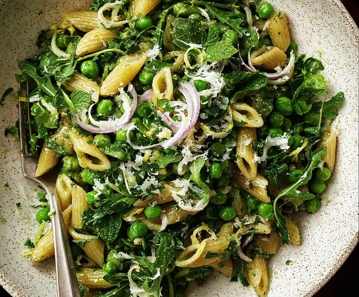 Delicious Pea Pasta with Mint, Truffle, and Lemon showing a vibrant, fresh pasta dish garnished with herbs and truffle shavings.